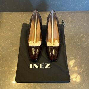 Inez Frida Mocha Croc-Embossed Heels